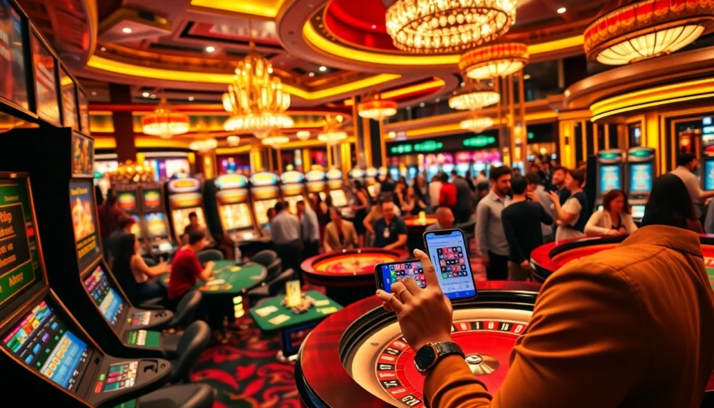 A player experiencing the thrill of gambling using the 98win app amidst a lively casino atmosphere.